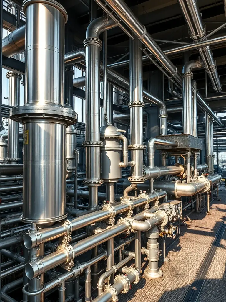 A detailed shot of the catalytic cracking unit at KHORGOS PETROLEUM REFINERY, showcasing the complex network of pipes and reactors involved in breaking down heavy hydrocarbons into lighter, more valuable products.