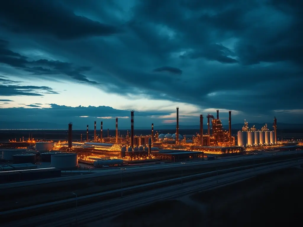 A high-angle, wide shot of the KHORGOS PETROLEUM REFINERY at dusk, showcasing the illuminated processing units, storage tanks, and the Almaty–Bishkek Highway in the foreground, symbolizing the refinery's strategic location and operational capacity.