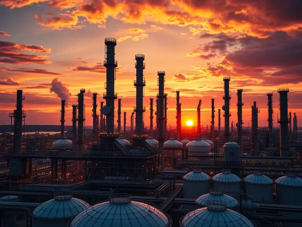 A wide shot of the KHORGOS PETROLEUM REFINERY at sunset, showcasing its vast infrastructure and modern facilities. The image emphasizes the scale and technological advancement of the refinery.