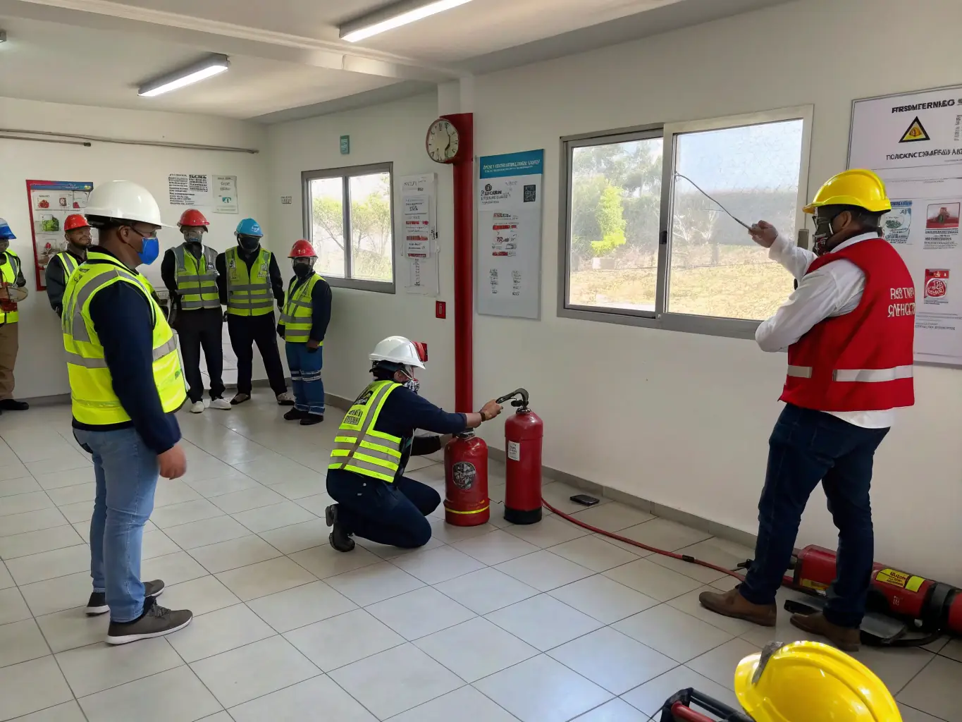 A photograph of KHORGOS PETROLEUM REFINERY's safety training session, where employees are actively participating in a simulated emergency drill, emphasizing the company's dedication to safety preparedness.
