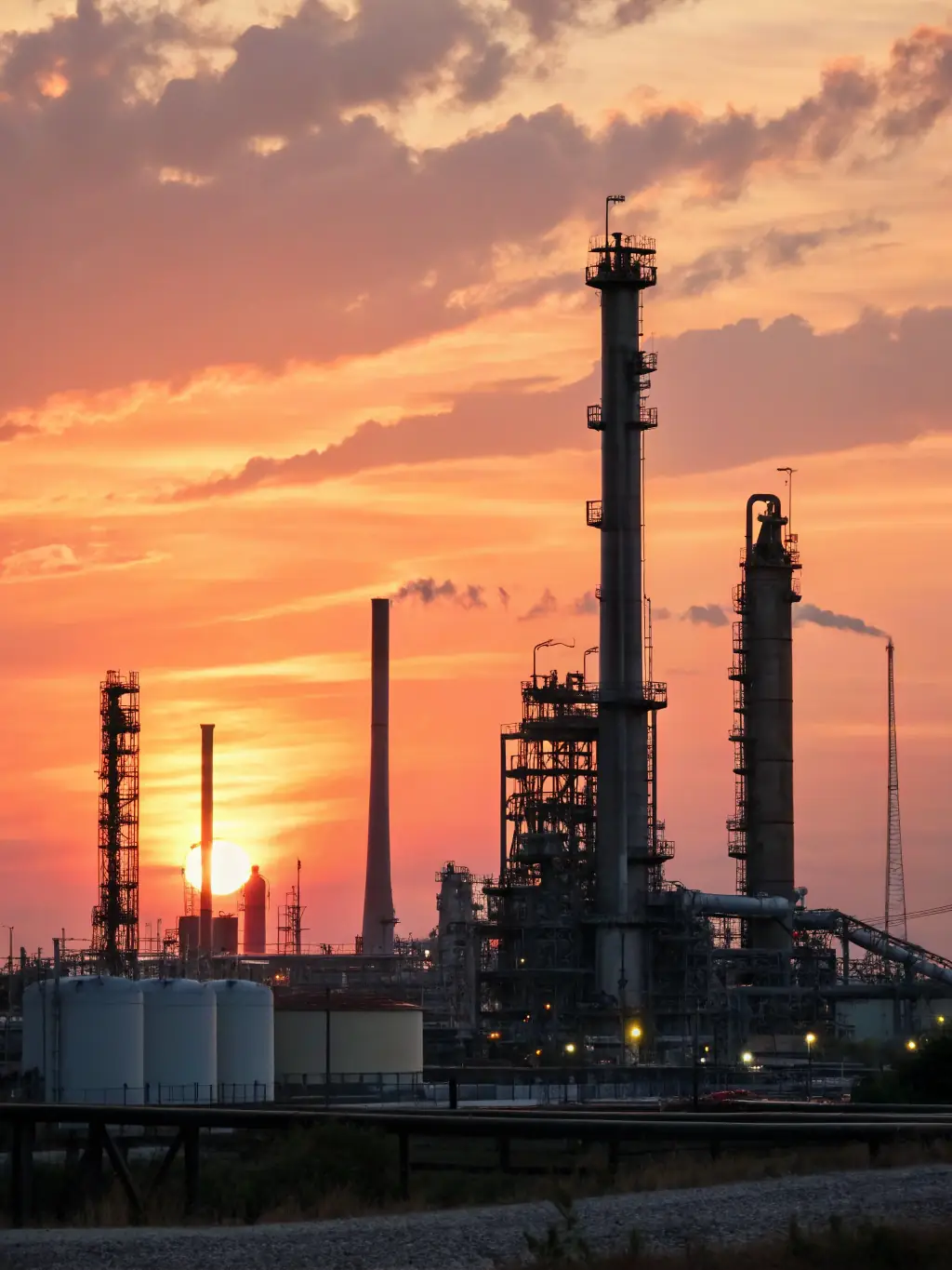 A high-angle, wide shot of the KHORGOS PETROLEUM REFINERY at dusk, showcasing the illuminated processing units and storage tanks against the twilight sky. This image represents the core petroleum refining service.