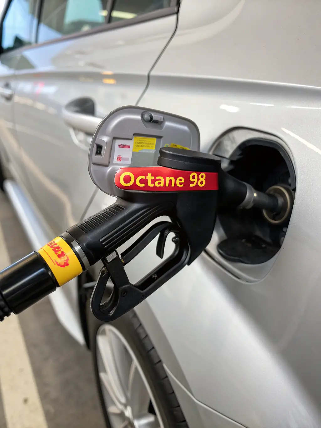 A close-up shot of high-octane gasoline being dispensed into a vehicle's fuel tank at a modern gas station, emphasizing the fuel's clarity and quality.