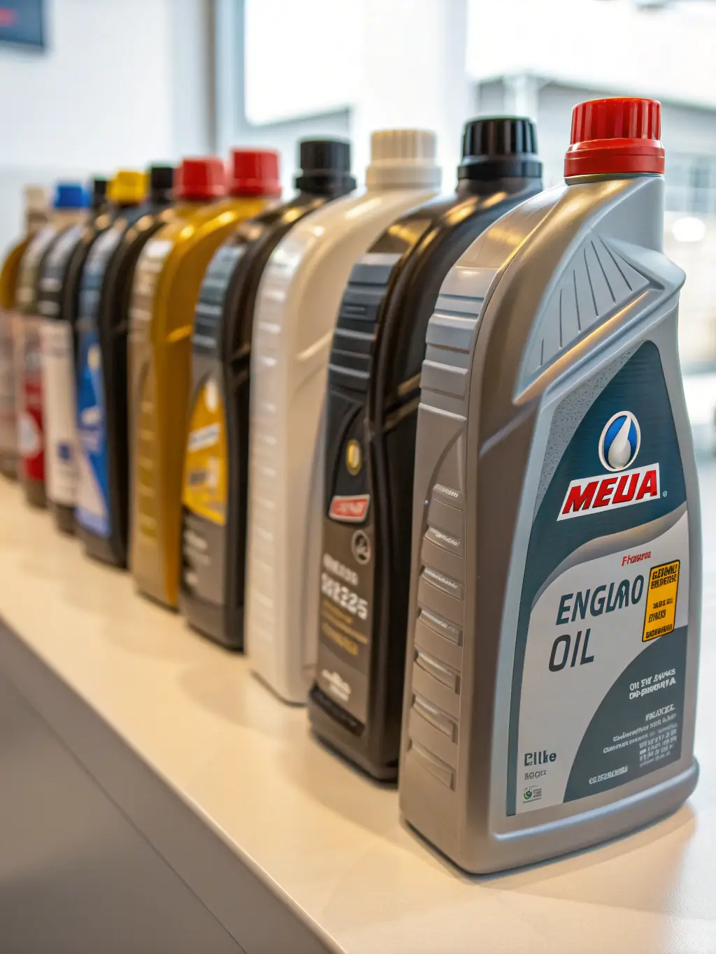 A photograph of various types of lubricating oils in transparent containers, clearly labeled with their specific applications in automotive and industrial settings.