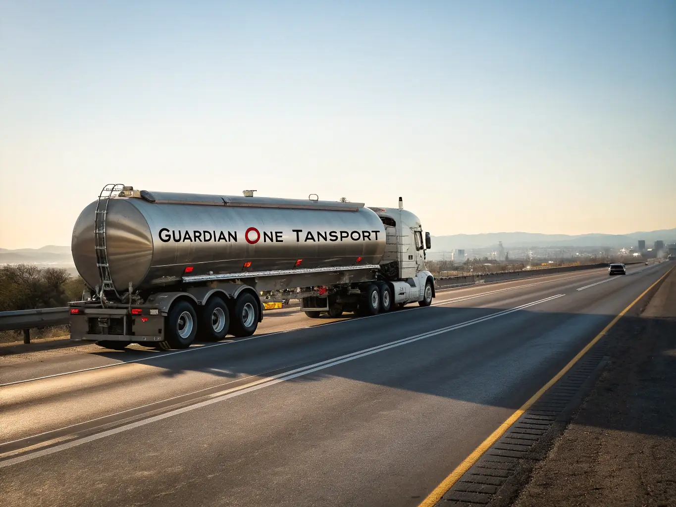 A dynamic shot of a supply truck leaving the KHORGOS PETROLEUM REFINERY, symbolizing the reliable supply and distribution network.