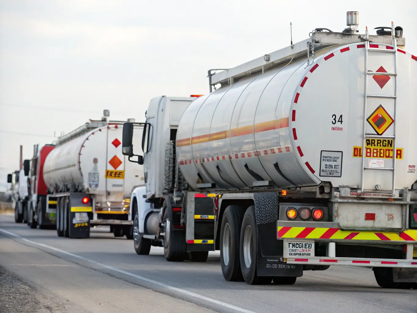A fleet of KHORGOS PETROLEUM REFINERY branded tanker trucks lined up for dispatch, symbolizing the company's reliable and efficient petroleum supply chain.
