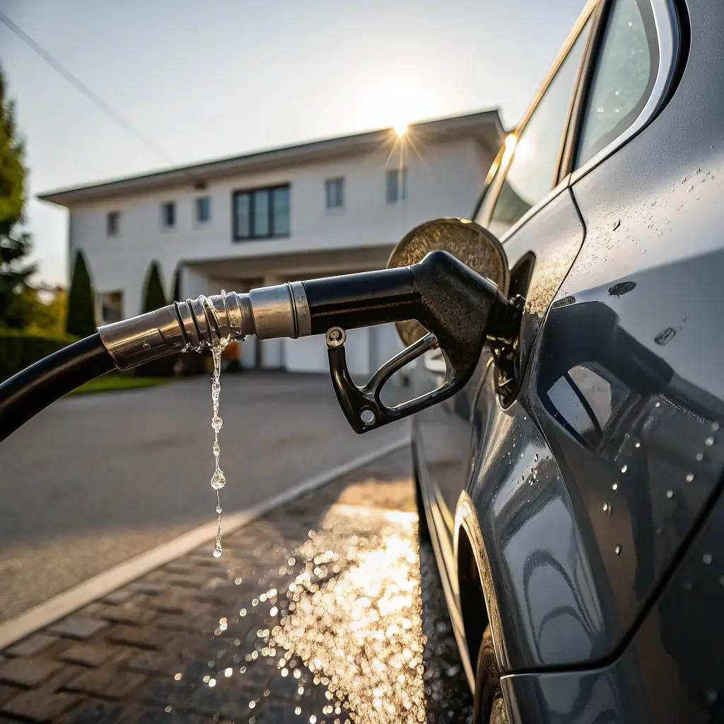 A close-up of a gasoline pump nozzle filling a car's fuel tank, symbolizing the refinery's production of high-quality gasoline.