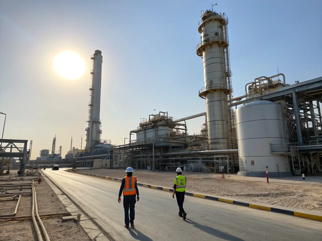 A photograph of large storage tanks at the KHORGOS PETROLEUM REFINERY, emphasizing the scale and security of the storage facilities.