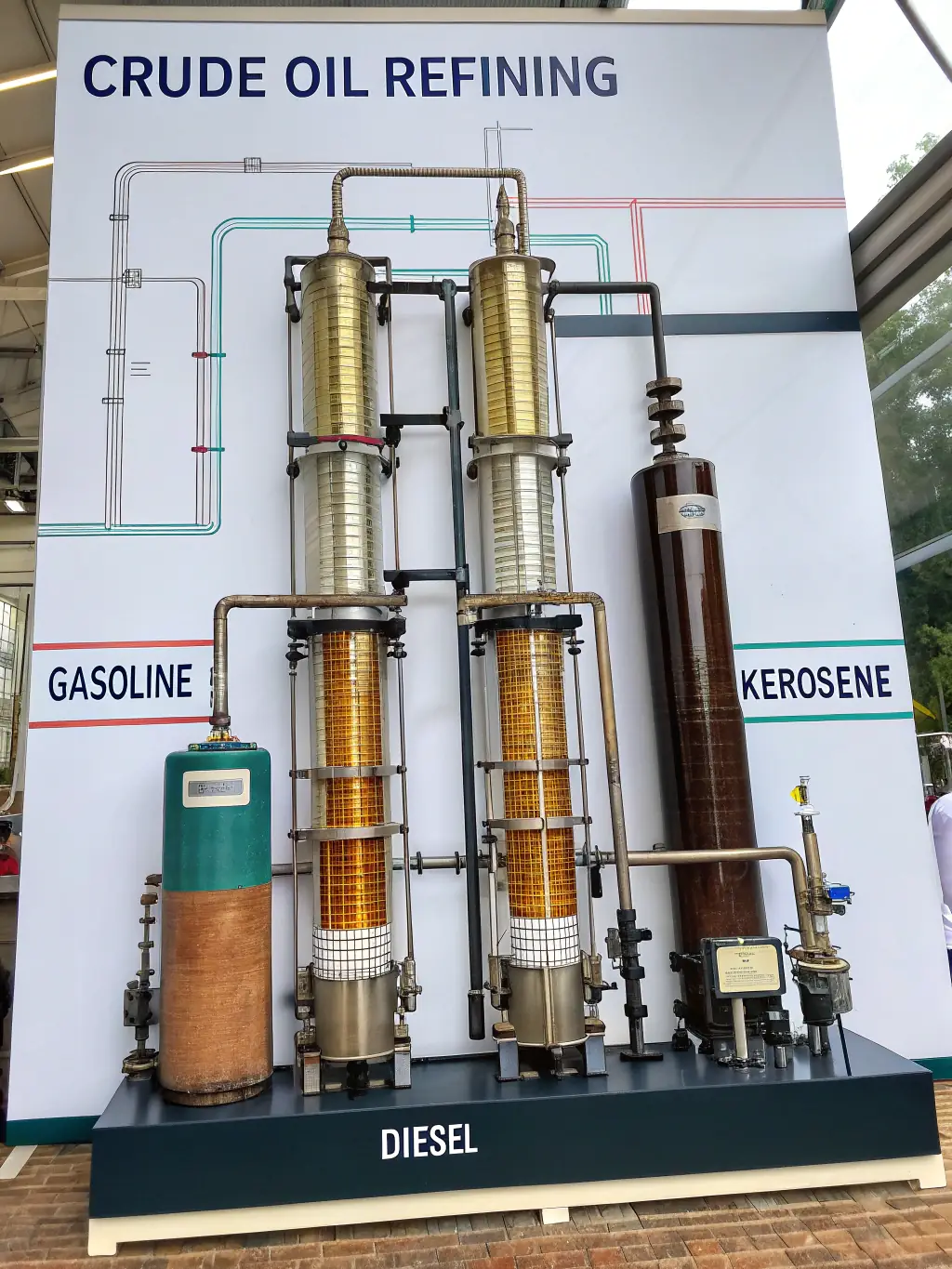 A detailed shot of the crude oil distillation process at KHORGOS PETROLEUM REFINERY, showcasing the initial separation of crude oil into different fractions.