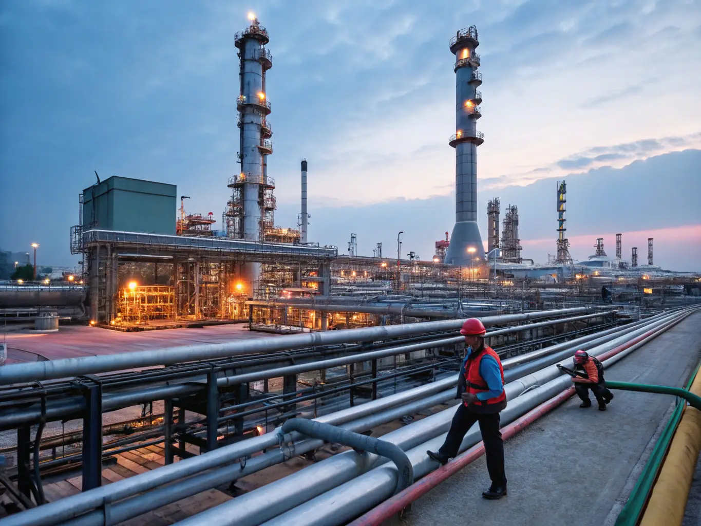 A wide shot of the KHORGOS PETROLEUM REFINERY facility, showcasing the distillation towers and processing units under a clear blue sky, emphasizing the scale and technological sophistication of the refining operations.