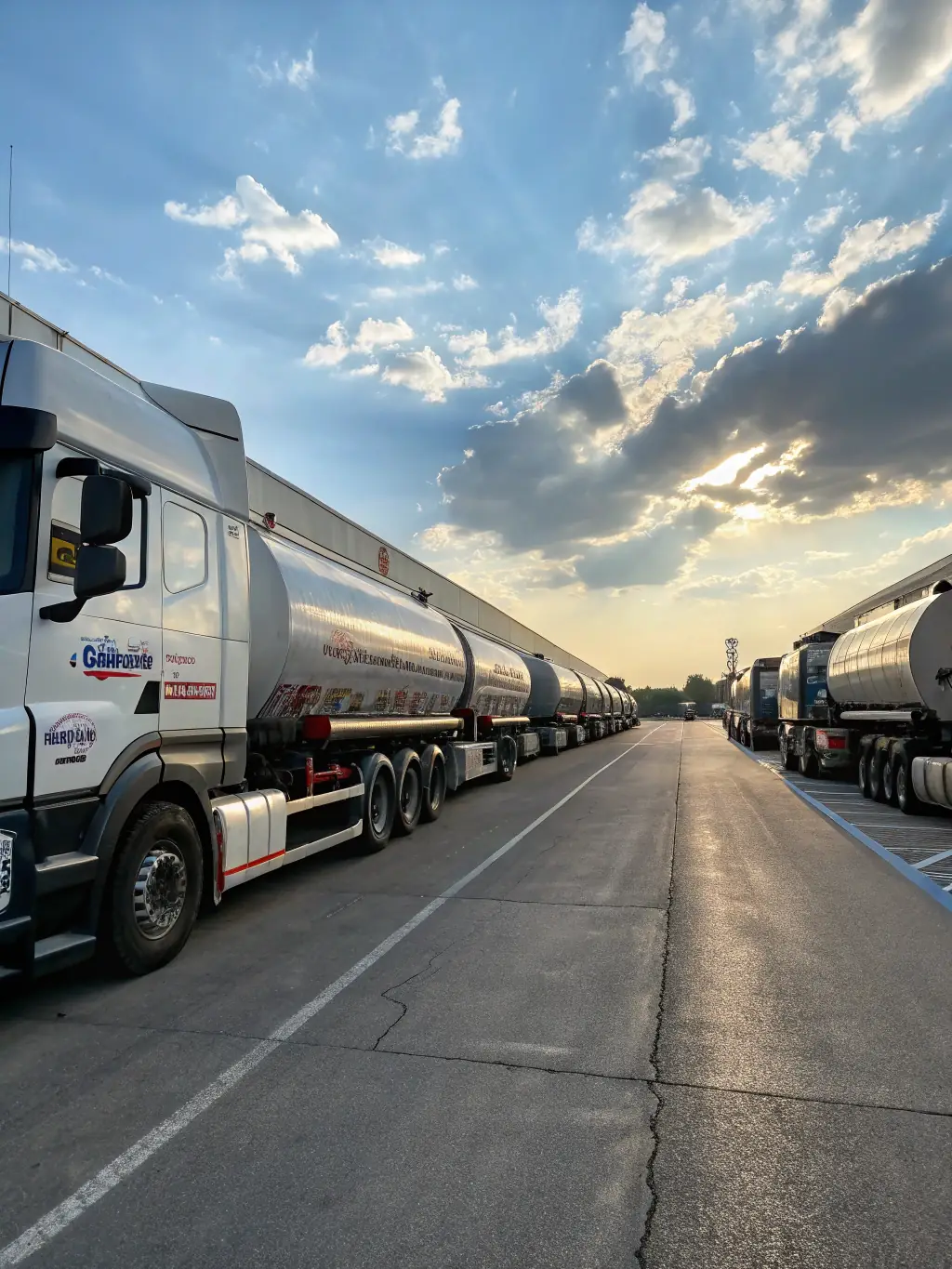 A fleet of tanker trucks loading refined petroleum products at the refinery's distribution terminal, ready for delivery. This image represents the reliable supply services.